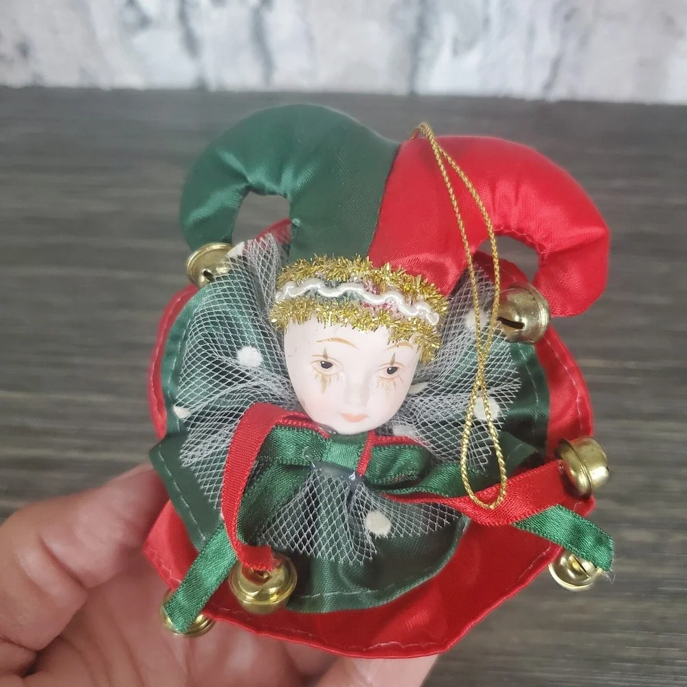 PORCELAIN FACE SATIN COURT JESTER CHRISTMAS ORNAMENT BELLS HANDPAINTED 3